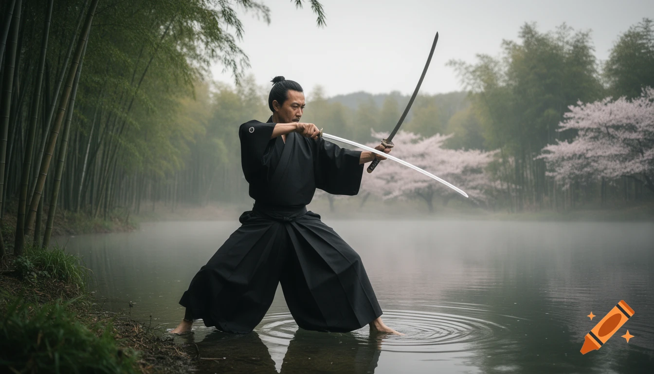A samurai in a black kimono performs a sword strike in a misty lake surrounded by bamboo and cherry blossom trees.