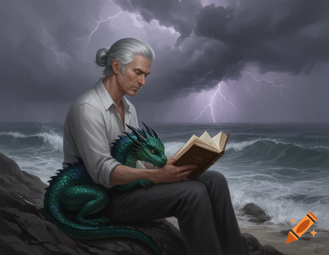 A white-haired man with a bun reads a book by a stormy ocean, a small green dragon rests on his lap.