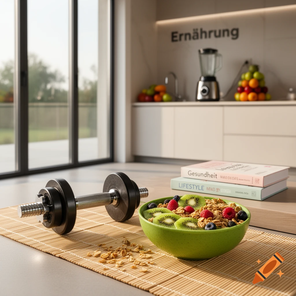 A dumbbell, a bowl of granola with kiwi and berries, and books on a mat in a modern kitchen/living room, with "Ernährung" on the wall.