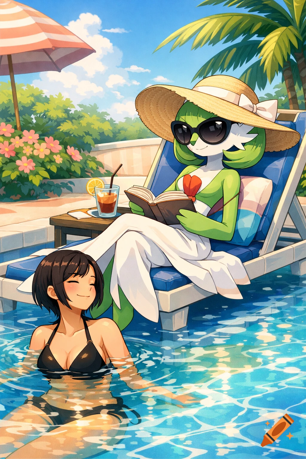 Digital illustration in Pokemon style of Gardevoir reading in a lounge chair by a pool, and a woman swimming.