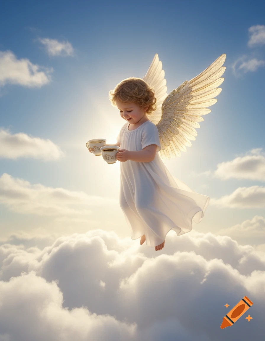 A cute baby angel with golden wings floats above clouds in a bright sky, holding two coffee cups.