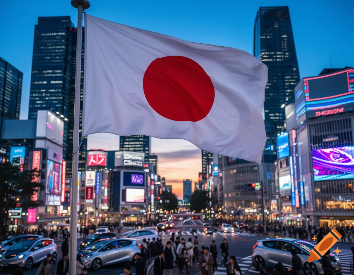 Japanese flag flying over a busy city street at dusk, with illuminated skyscrapers and cars.