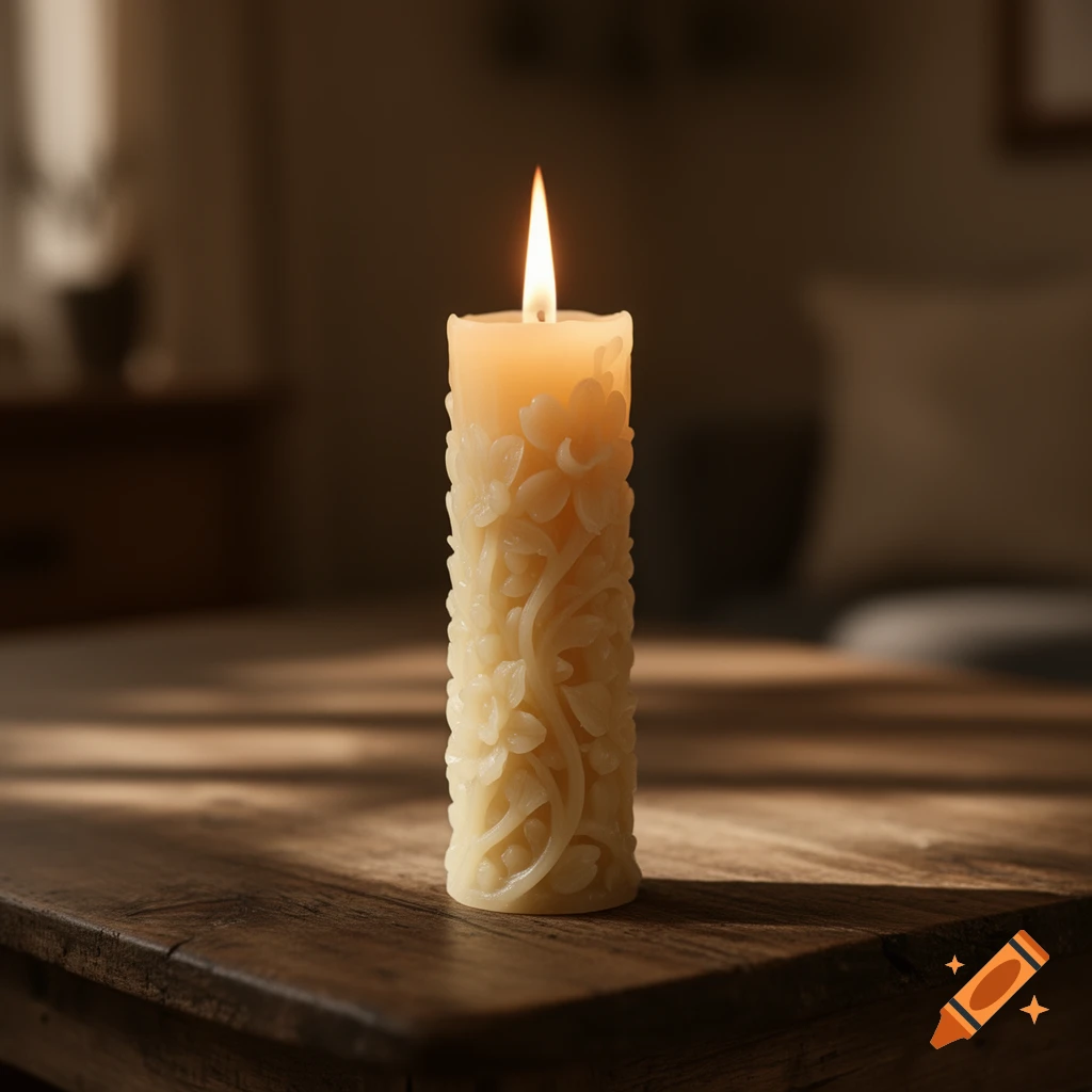 A photorealistic image of a lit, carved candle with floral patterns on a rustic wooden table in a dimly lit room.