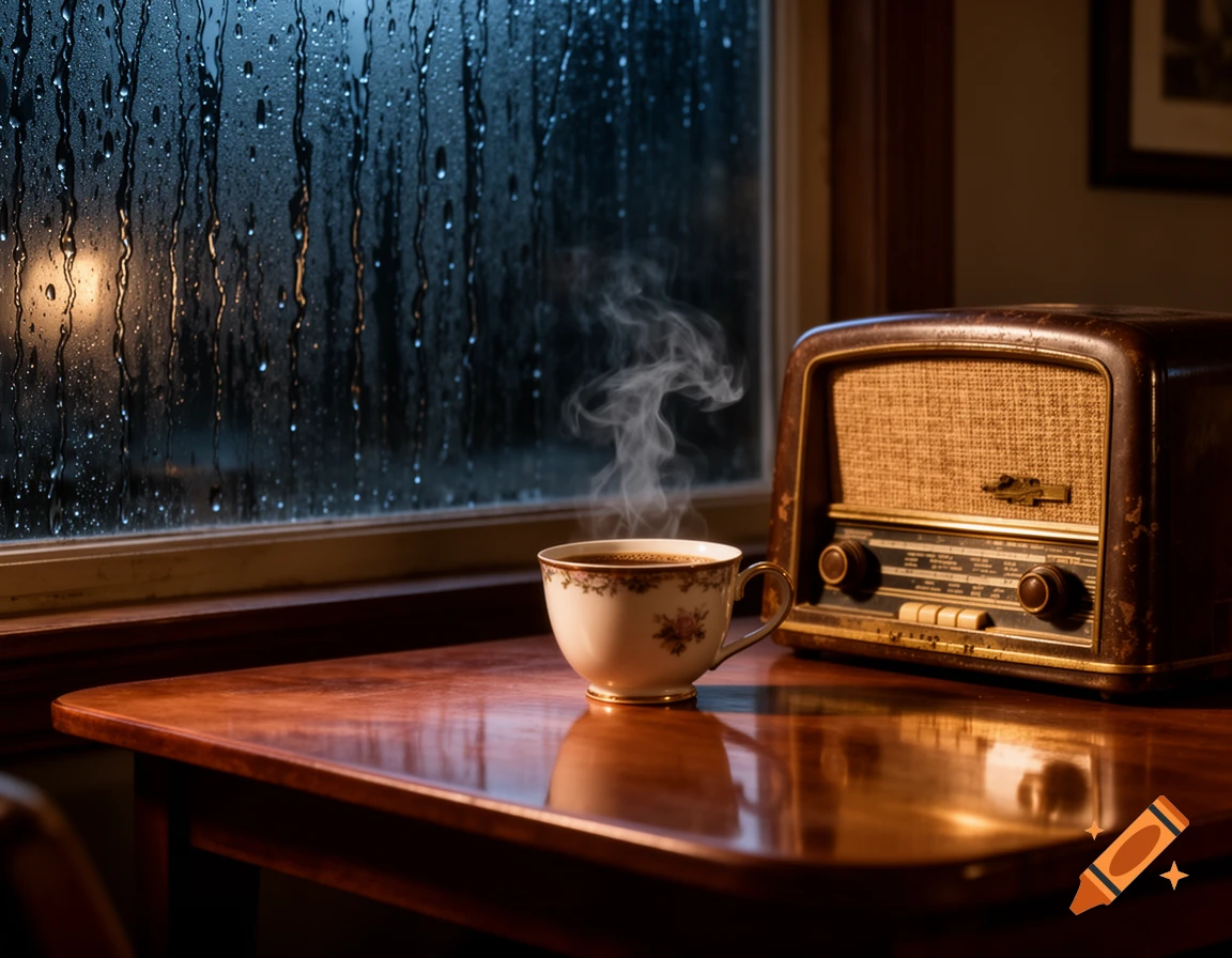 A steaming cup of coffee and a vintage radio sit on a shiny wooden table beside a window with raindrops, in warm, dim lighting.