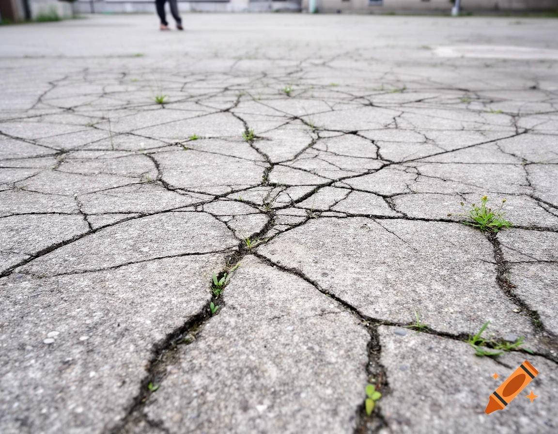 Photorealistic close-up of cracked concrete pavement with green weeds growing, a person's blurred legs are in the background.