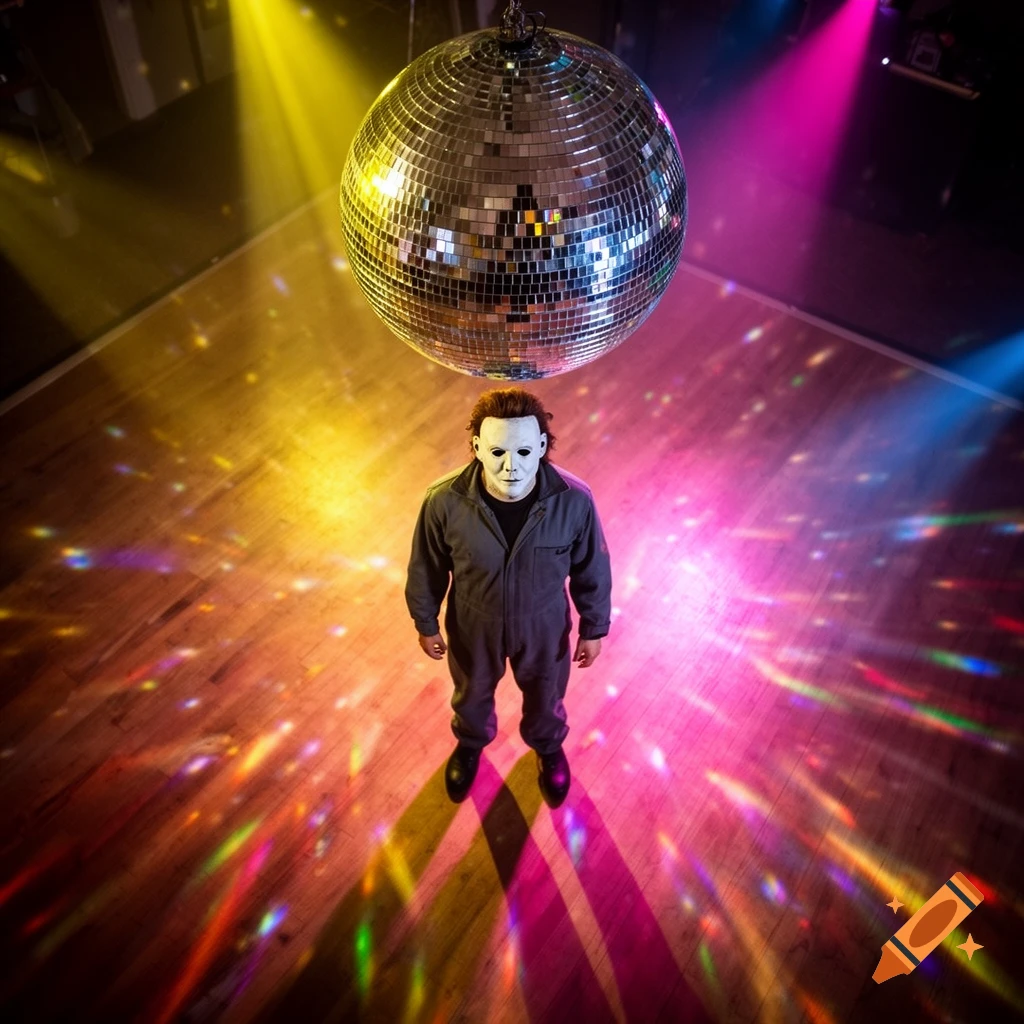 Michael Myers stands on a colorful disco dance floor, looking up at a large disco ball glittering above him in a photorealistic shot.
