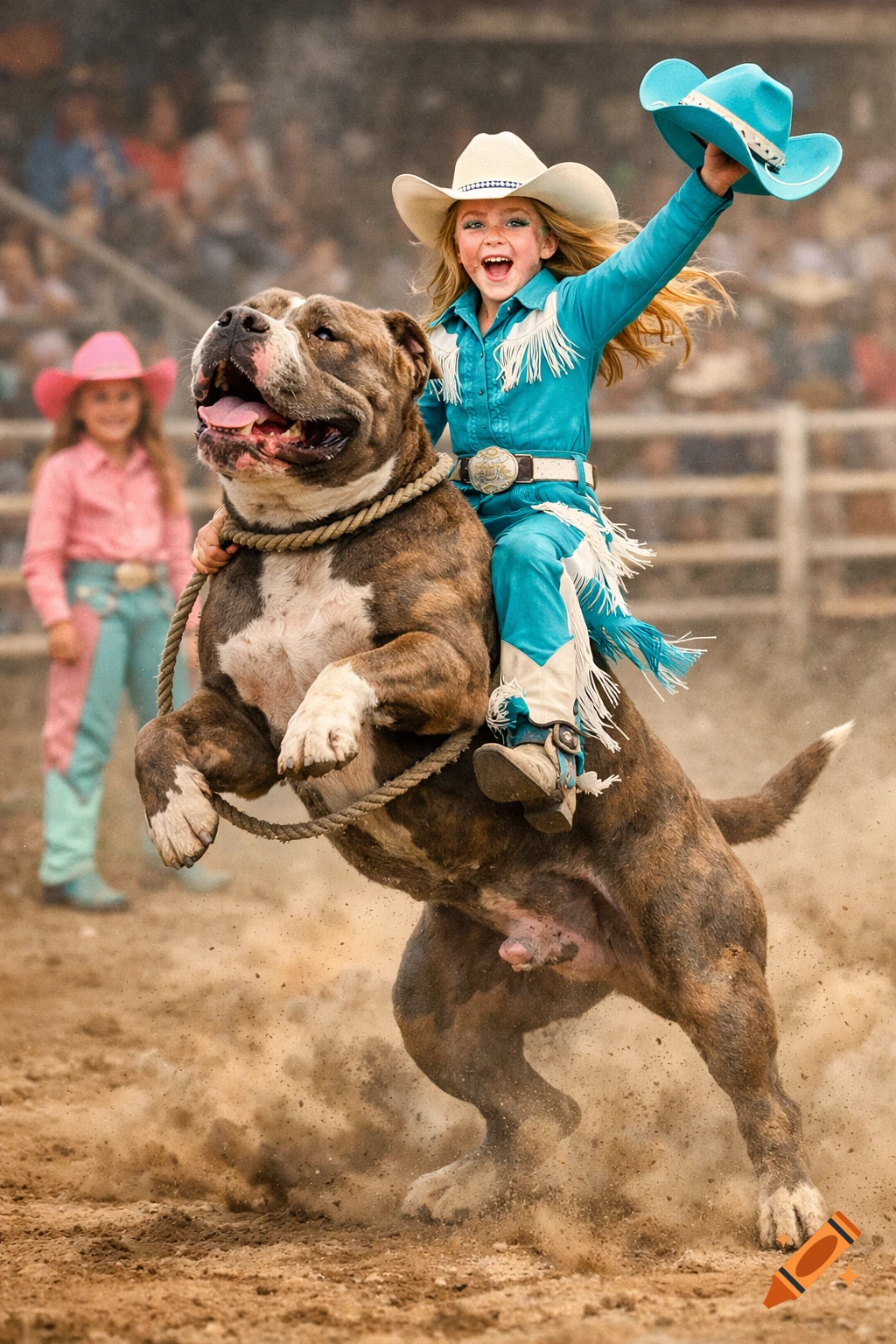 A young cowgirl in a turquoise outfit rides a large brindle dog bucking in a dusty rodeo arena, holding a turquoise hat in the air.
