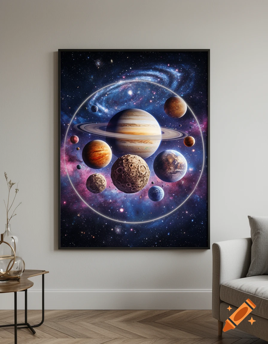A framed poster featuring a detailed view of several planets, a ringed gas giant, and a galaxy with stars, displayed on a wall.