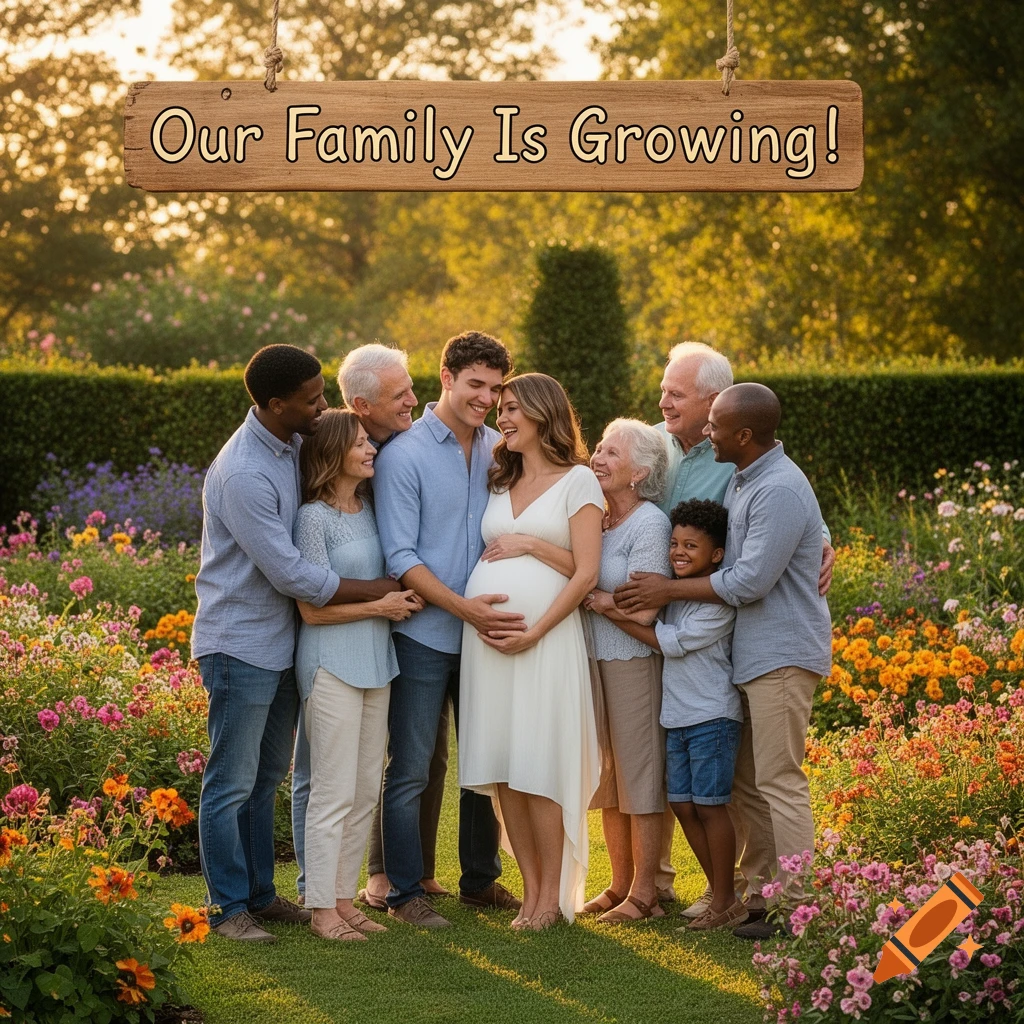 A diverse family smiles around a pregnant woman holding her belly in a sunlit garden, with a sign 'Our Family Is Growing!'.