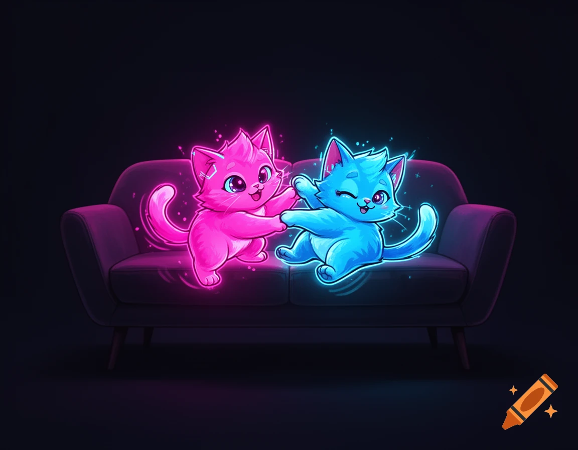 Two neon-glowing pink and blue cartoon cats play-fighting on a dark purple couch against a black background.