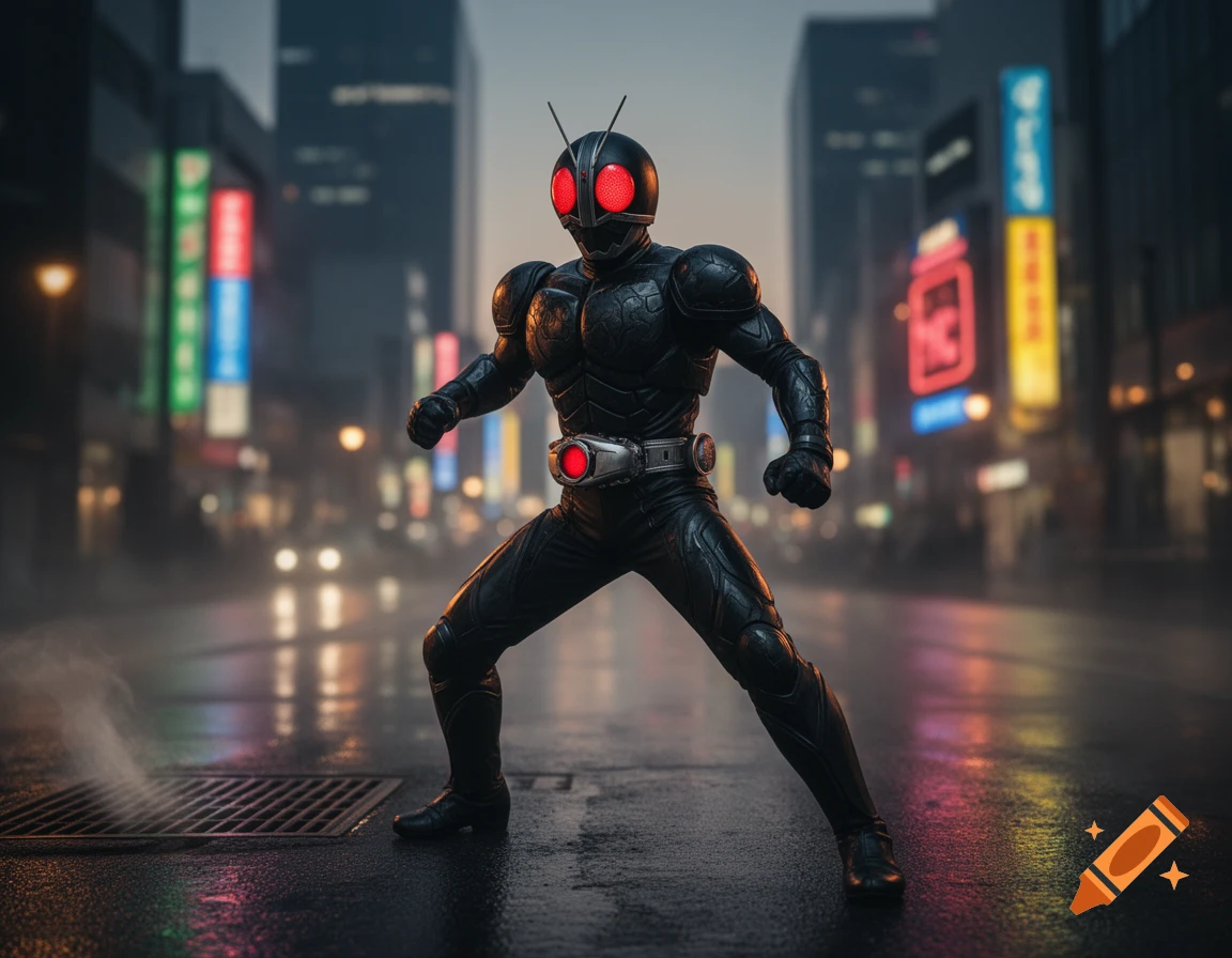 Kamen Rider Black in a dark, wet city street at night with glowing neon signs and steam rising from a grate.