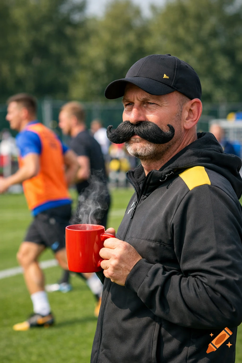 A man with a fake mustache and a black cap holds a steaming red mug, watching a sports training session on a green field.