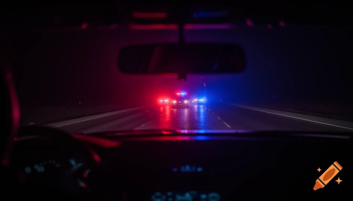 View from inside a car of police vehicles with red and blue flashing lights on a wet highway at night.