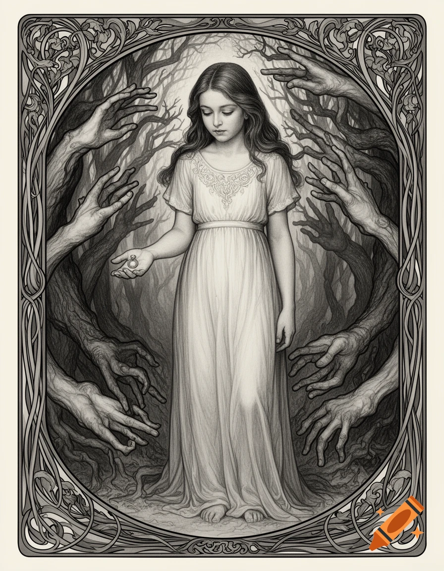 Monochromatic Art Nouveau drawing of a girl holding a ring in a dark forest with tree branches transforming into many reaching hands.