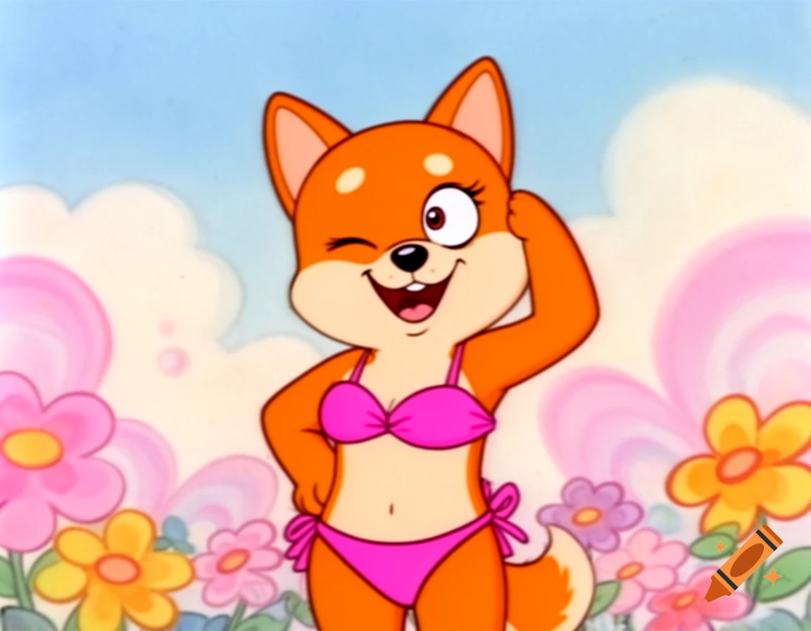 A cartoon anthropomorphic orange shiba inu in a pink bikini winks, standing in a field of colorful flowers.