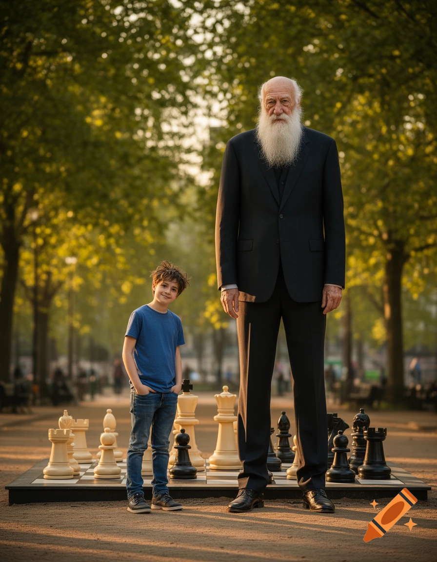 A small boy and a tall old man stand on a giant chess board in a sunny park.