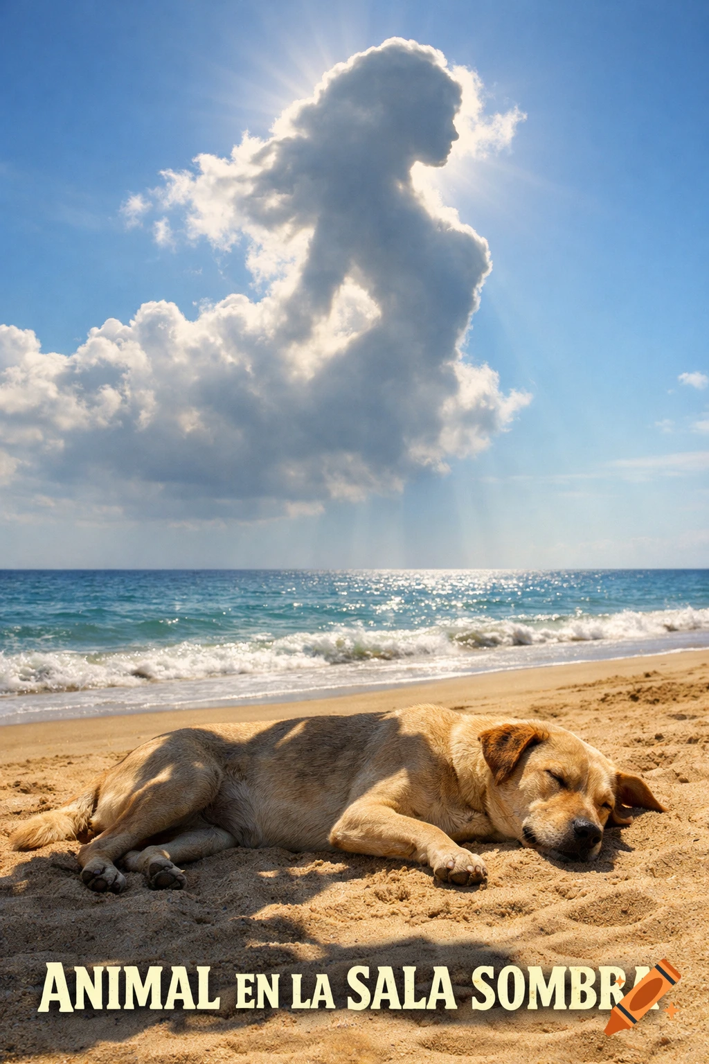 A dog sleeps on a sandy beach under a blue sky, with a cloud shaped like a woman casting a shadow. Text reads "ANIMAL EN LA SALA SOMBRA".