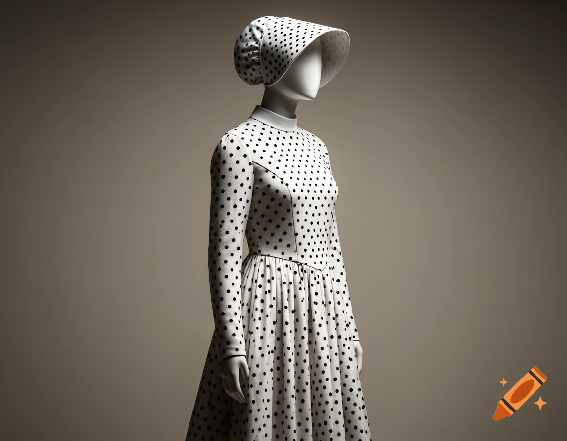 A mannequin wears a white long-sleeved dress with black polka dots and a matching bonnet against a plain grey background.
