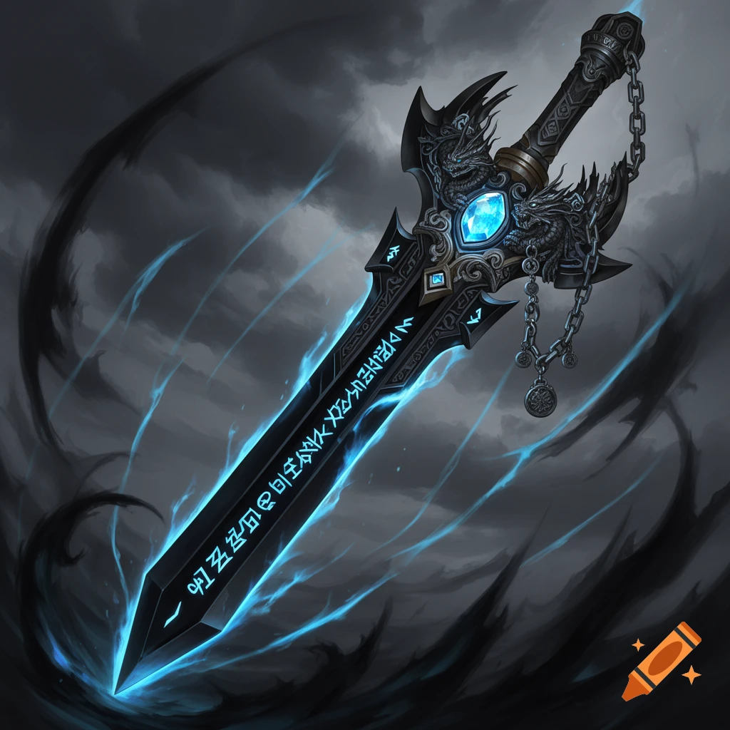 A dark fantasy sword with a black blade, glowing blue runes, a blue gem, and dragon-like details on the hilt, set against a stormy sky.