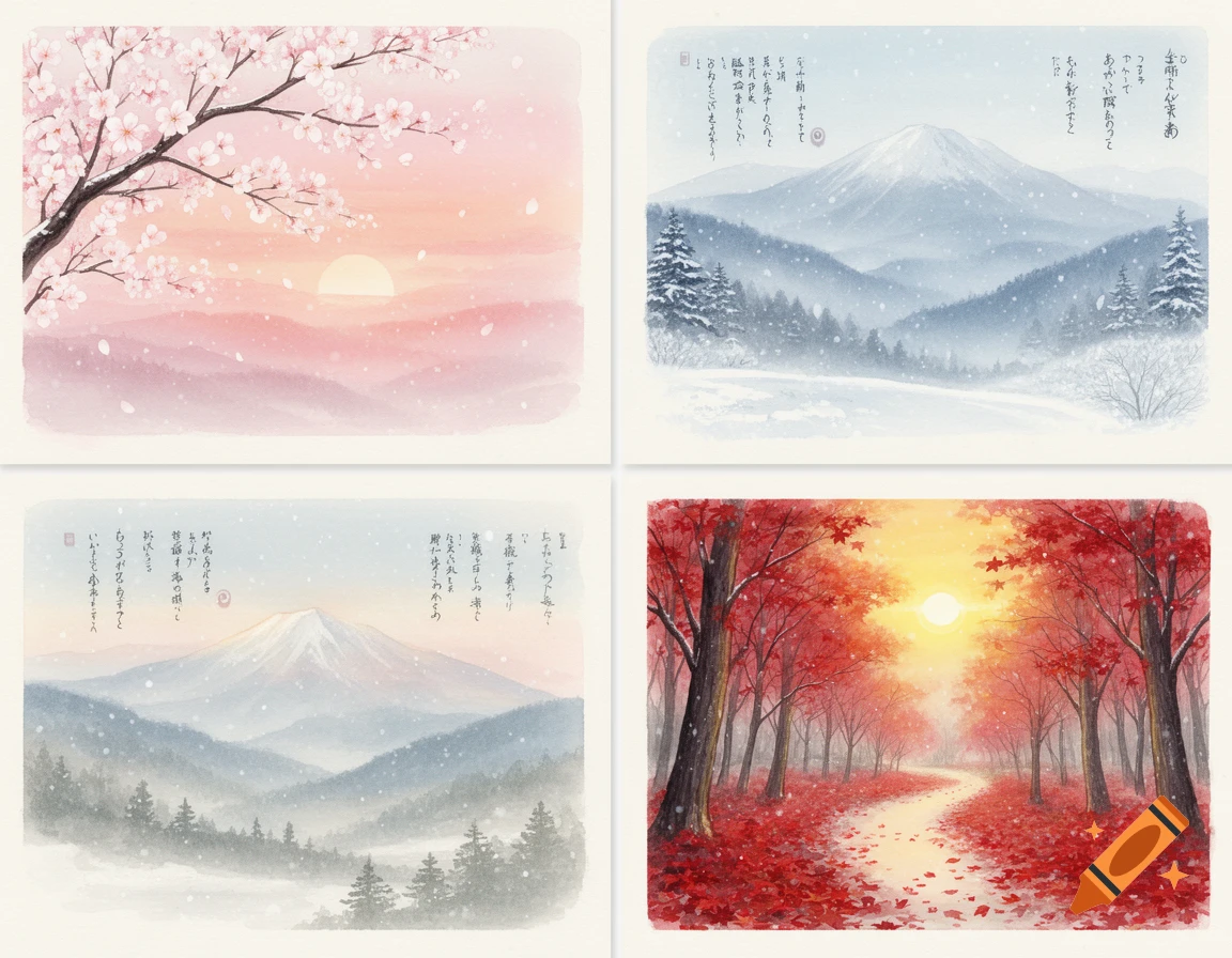 Four watercolor illustrations depicting nature: cherry blossoms, snowy mountains, and an autumn forest path.