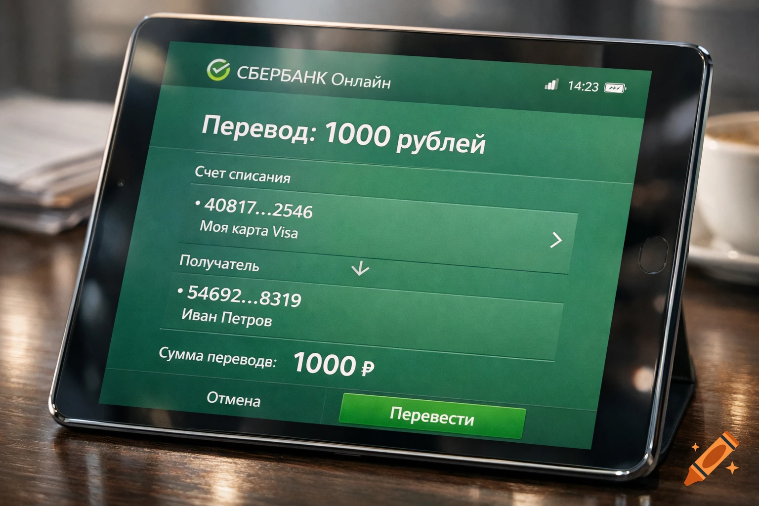 A close-up shot of a tablet displaying a Sberbank Online banking application interface, showing a transfer of 1000 rubles.