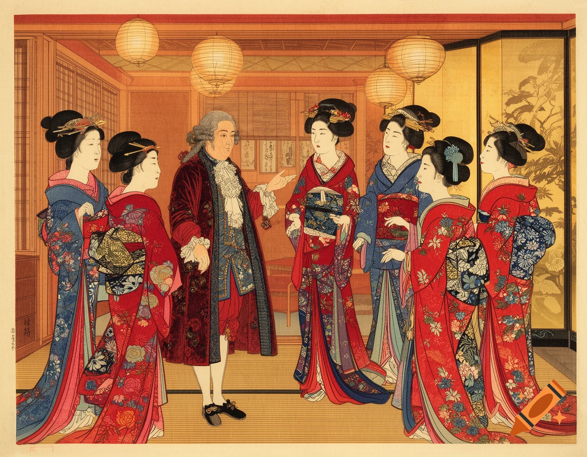 An Ukiyo-e print depicting a European merchant in a red coat interacting with several elegantly dressed Japanese courtesans in kimonos in a traditional Japanese room with lanterns.