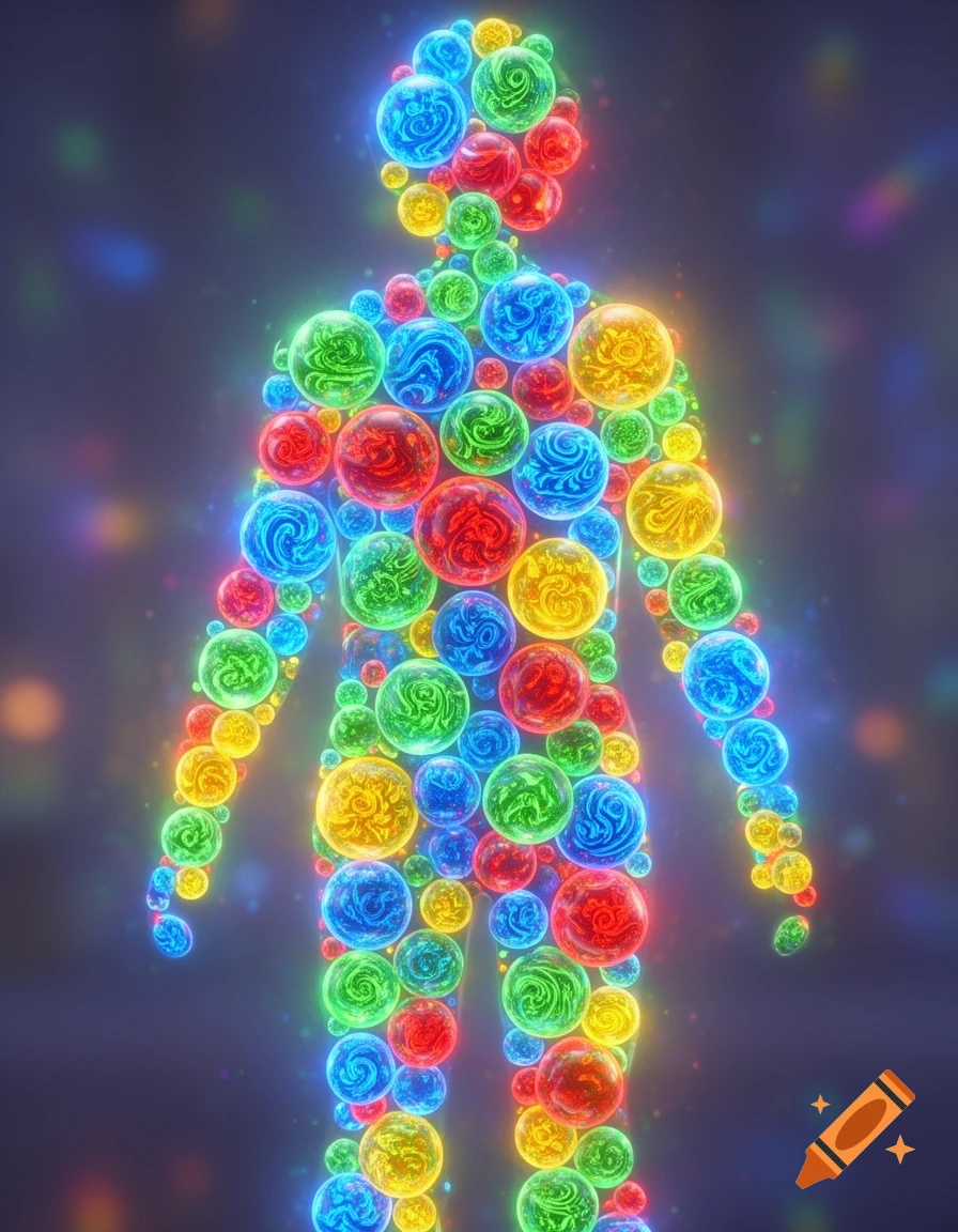 A vibrant, abstract human silhouette composed of glowing, colorful, swirling red, blue, green, and yellow orbs on a dark background.