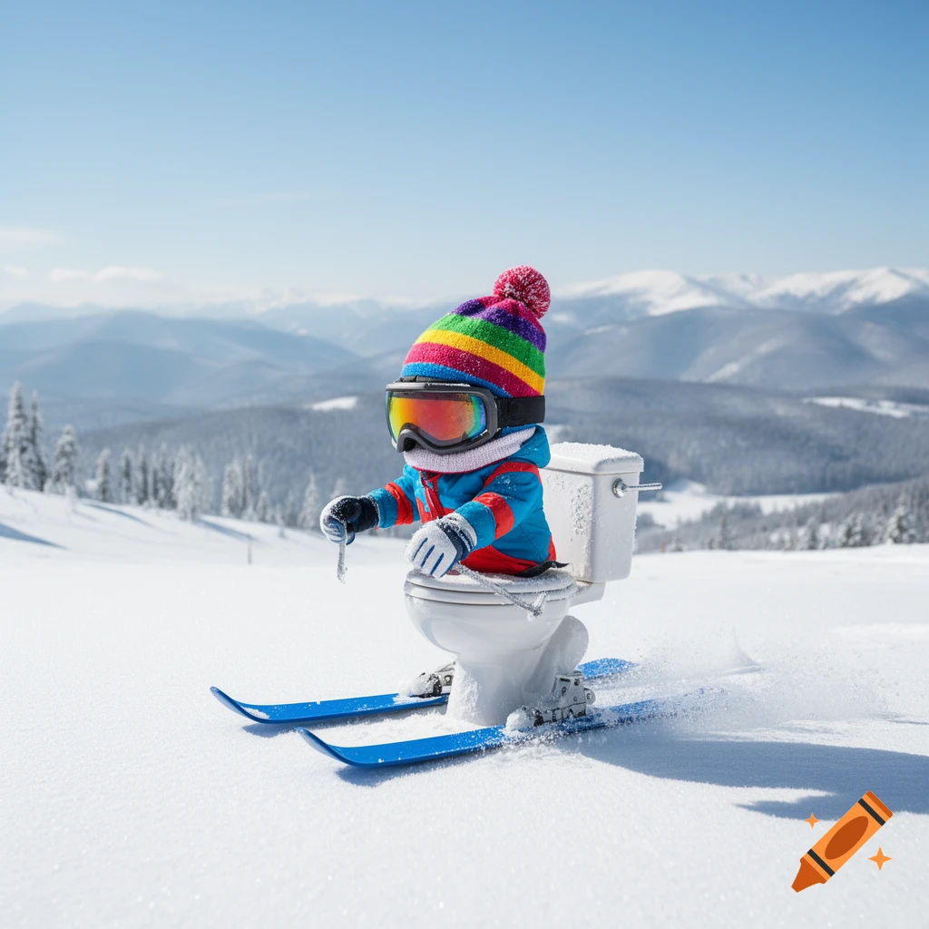 A toilet wearing a ski suit, rainbow hat, and goggles, skiing down a snowy mountain slope with tracks behind it.