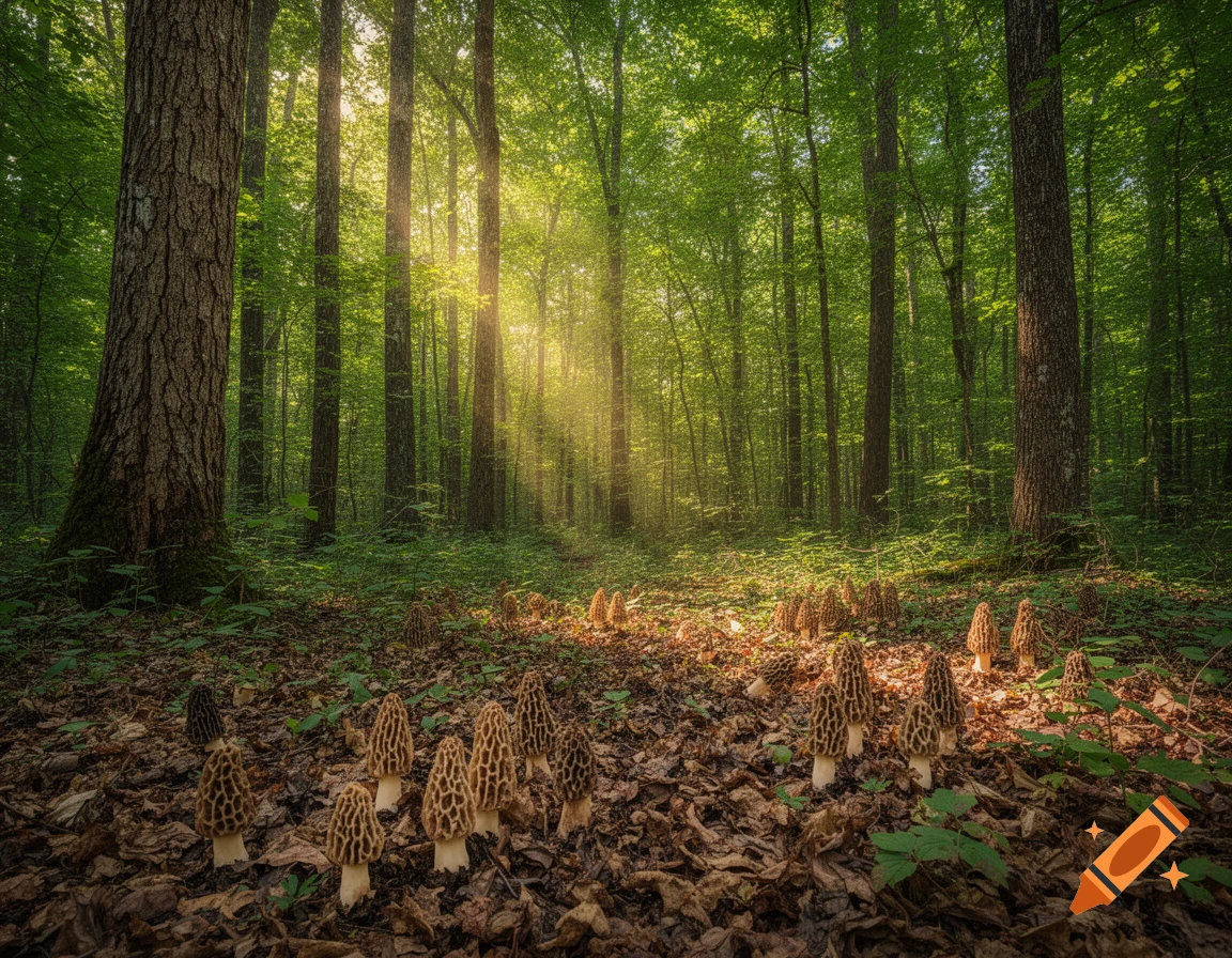 Photorealistic scene of a sunlit forest floor covered in morel mushrooms among fallen leaves and green undergrowth.