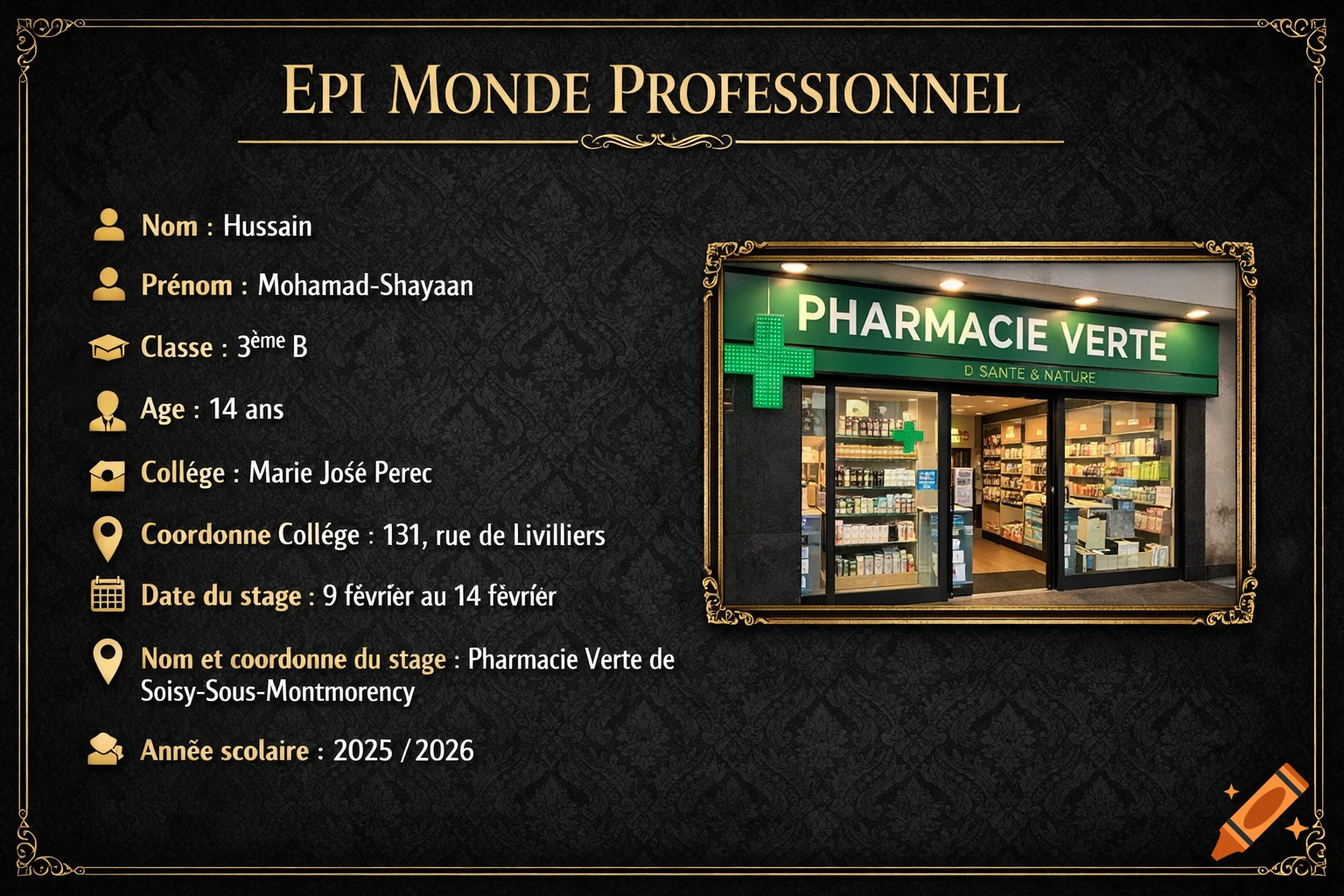 A professional dark presentation slide with gold and white text on the left detailing student information, and a framed photo of a 'Pharmacie Verte' storefront on the right.