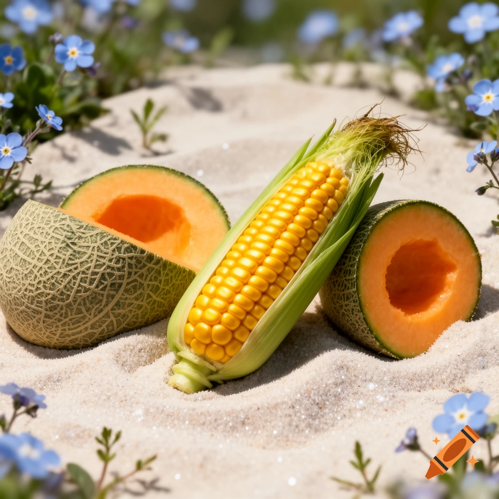 Two halves of a cantaloupe and an ear of corn resting on sparkling sand, surrounded by small blue flowers. Photorealistic.