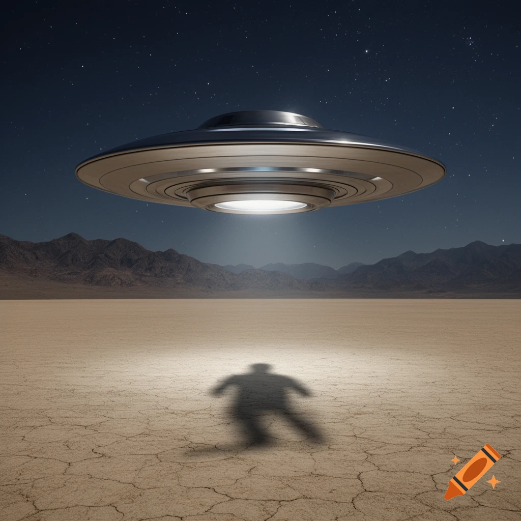 A photorealistic flying saucer hovers over a cracked desert at night, its light beam casting a human-shaped shadow on the ground.