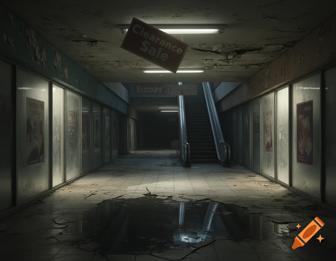 A dimly lit, dilapidated indoor corridor with a large puddle on the cracked floor, leading to a dark escalator. A 'Clearance Sale' sign hangs overhead.