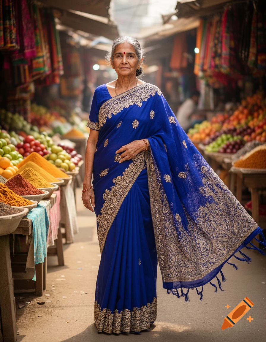 Photorealistic portrait of an older Indian woman in a blue and gold embroidered saree standing in a vibrant market with spices and fruit.