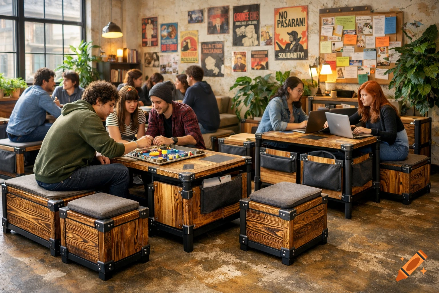 Photorealistic scene of young adults socializing in a warm, lively cafe with modular wooden furniture, playing board games and working on laptops.