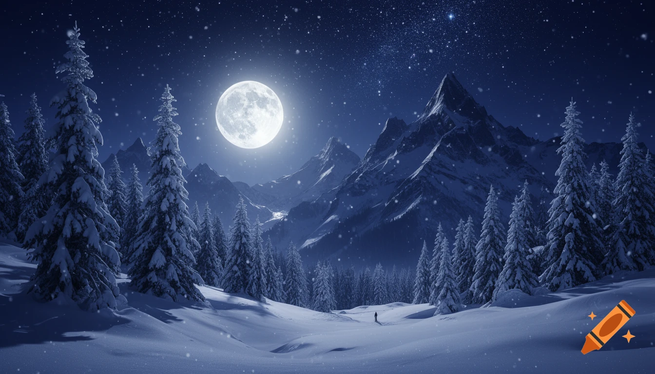 A serene moonlit snowy mountain landscape with snow-covered pine trees ...