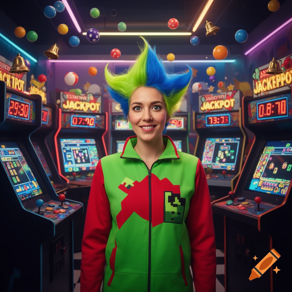 A woman with spiky green and blue hair and a red and green pixelated jacket smiles in a vibrant arcade filled with glowing machines and floating colorful balls.