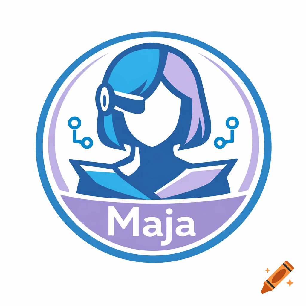 Minimalist flat design vector icon of a woman with a VR headset and blue/purple hair, with the name Maja.