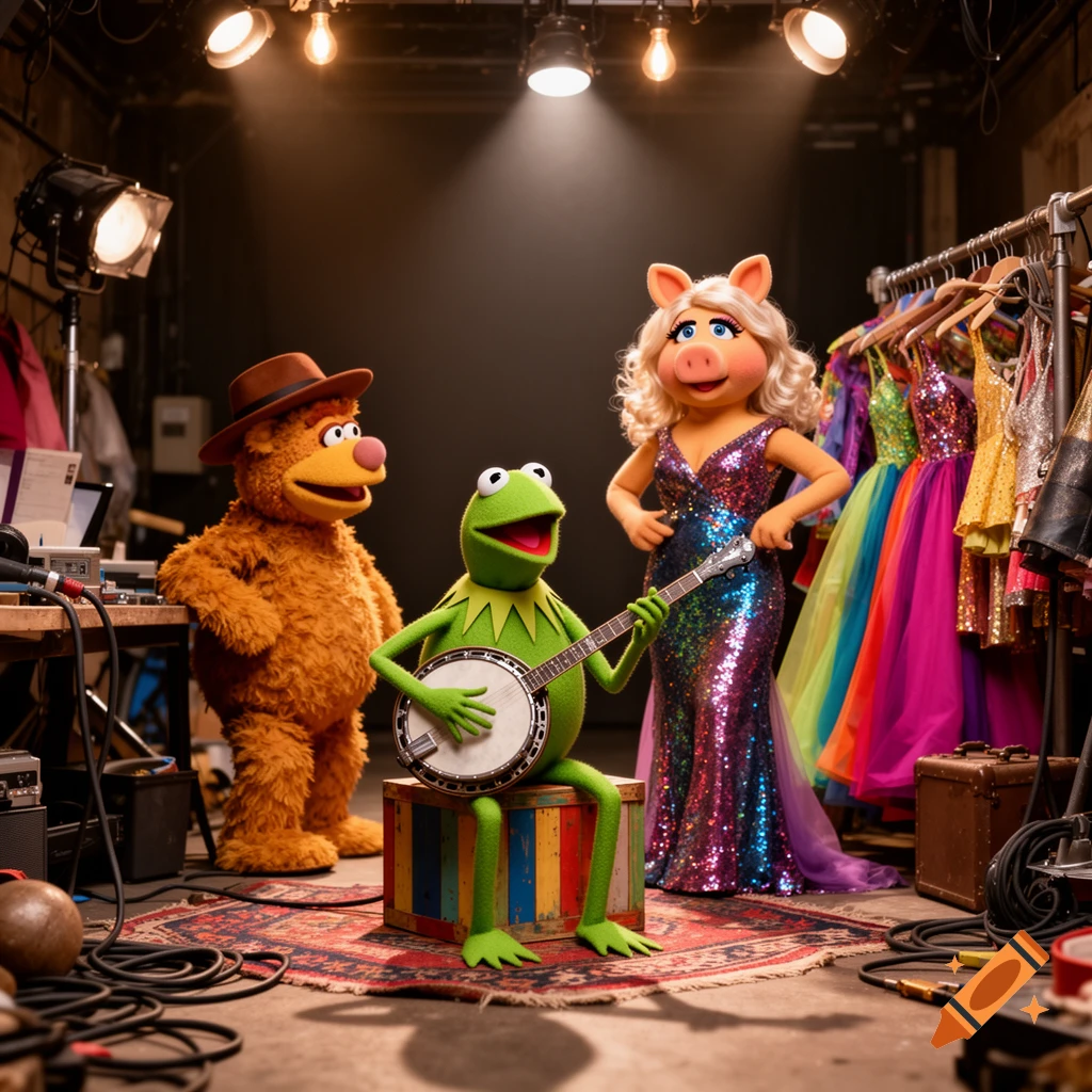 Kermit the Frog plays banjo on a colorful box, flanked by Miss Piggy in a sequined gown and Fozzie Bear, backstage with stage lights.