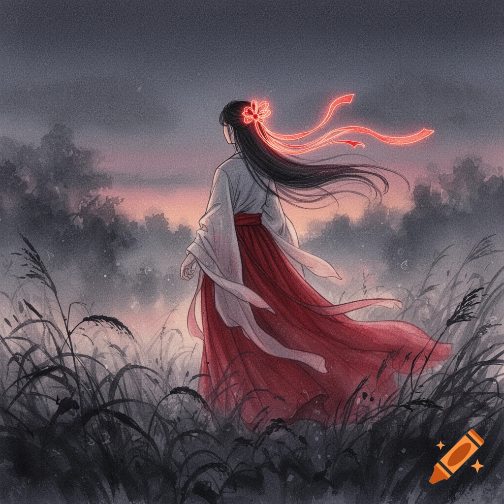 An illustrated woman in a flowing red and white traditional dress, with glowing red ribbons in her long dark hair, stands in a grassy field at dusk.