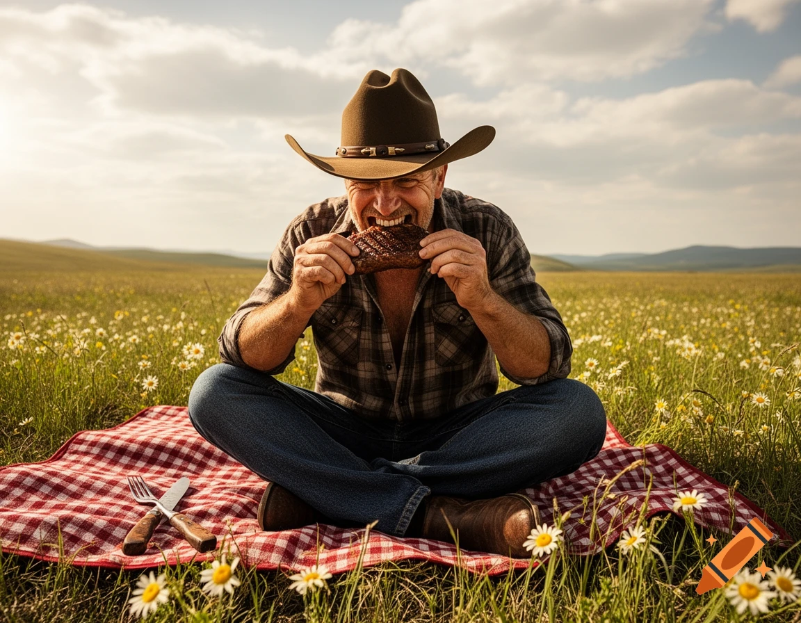 A man in a cowboy hat sits on a red plaid blanket in a grassy field, happily eating a steak with his hands.