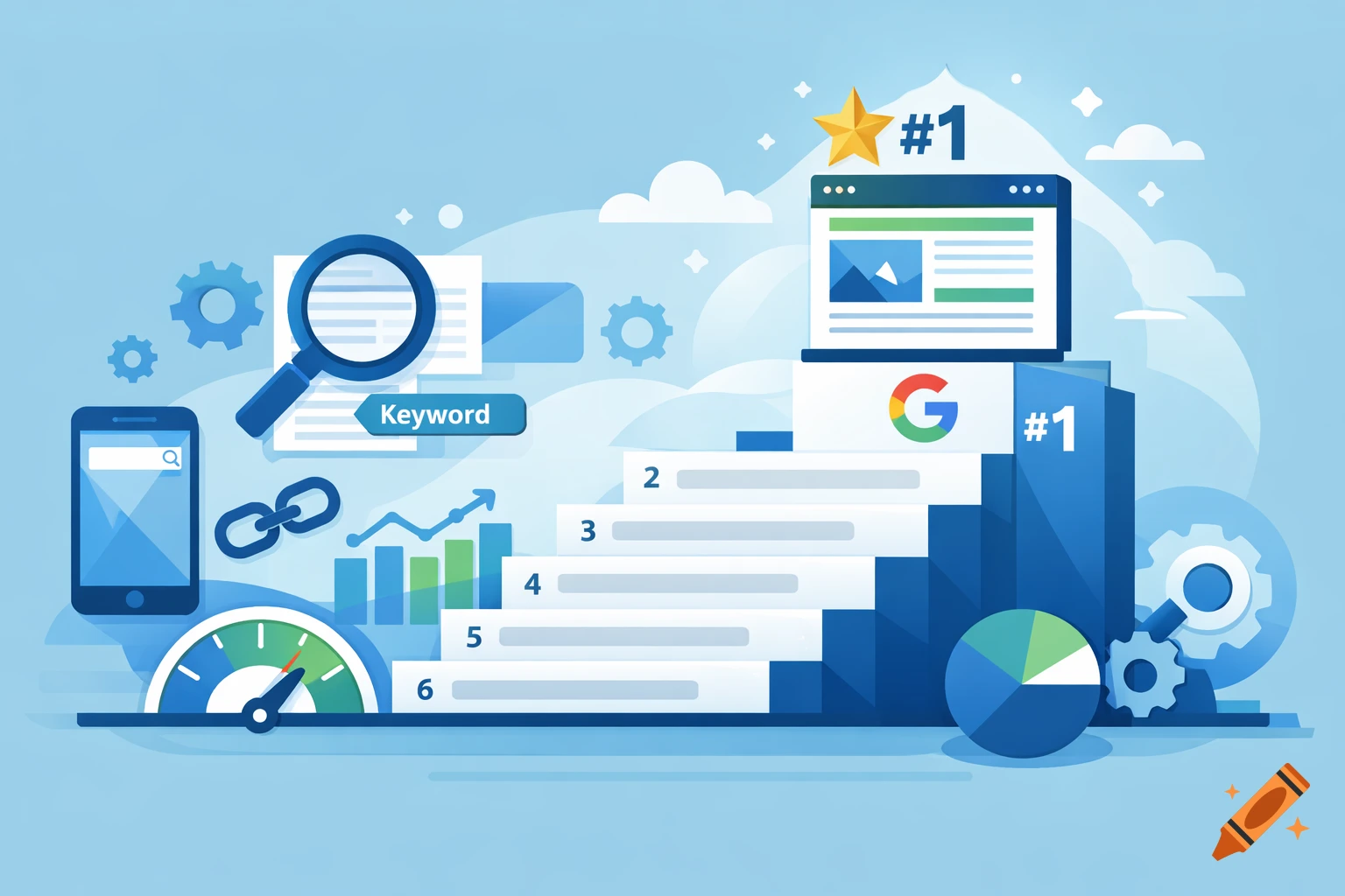 A modern flat design illustration of a website climbing search engine results steps to #1 on Google, surrounded by SEO icons.