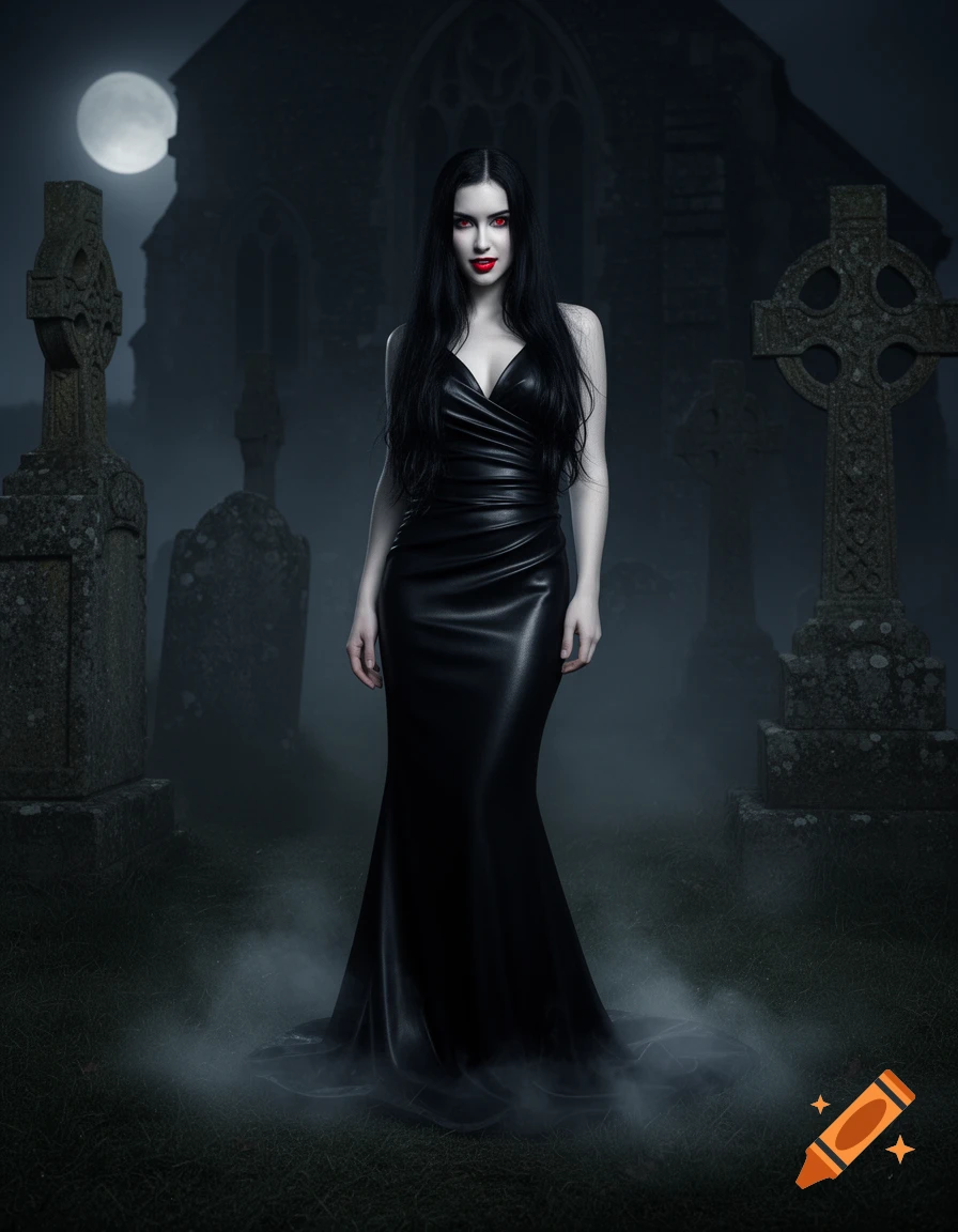 A pale woman with red eyes and lips, wearing a black gown, stands in a foggy graveyard with a full moon and gothic church.