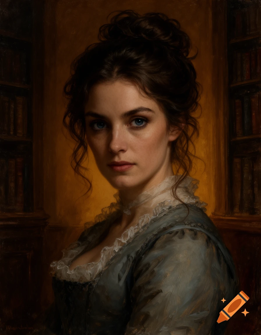Oil painting portrait of a woman with dark brown hair in a messy bun and blue eyes, wearing regency clothing in a warm, dark library.