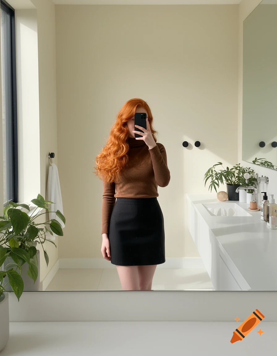 A ginger woman in a brown turtleneck and black skirt takes a mirror selfie in a modern bathroom, her face obscured by a phone.
