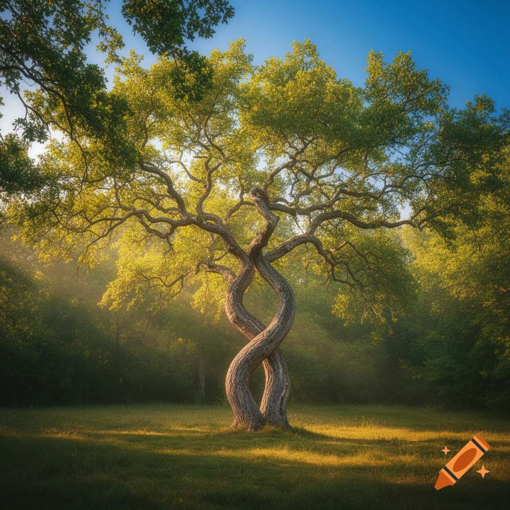 Two trees with intertwining trunks stand in a sunlit forest clearing, bathed in golden light.