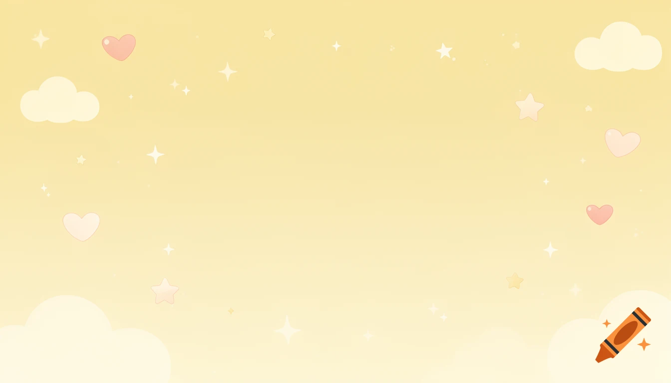 Cute pastel yellow background with floating pink hearts, white clouds, and shimmering stars in a kawaii cartoon style.