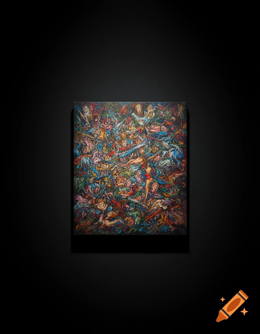 A dark, chaotic abstract painting filled with intertwining figures and forms, set against a black background.
