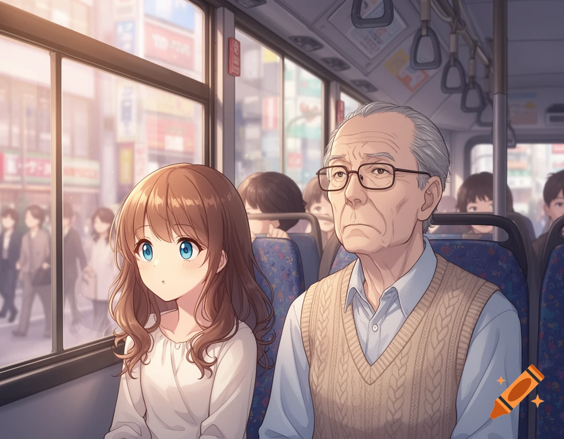 An anime-style girl with blue eyes and an older man in glasses ride a bus, looking out at a blurred city street.