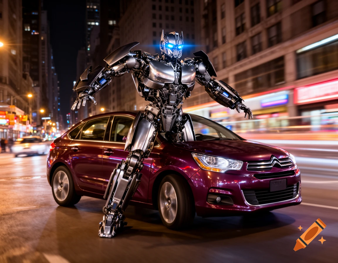 A metallic robot with glowing blue eyes stands on a purple car on a city street at night, with blurred lights in the background.